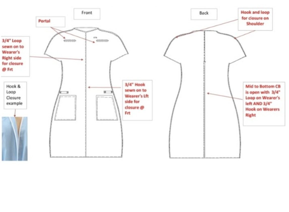G-100 patient gown technical drawing showing front and back panels with 3/4-inch hook-and-loop closures on the wearer's left and right for front closure, front pockets, hook-and-loop closure at the shoulder, and a mid-to-bottom center-back opening.